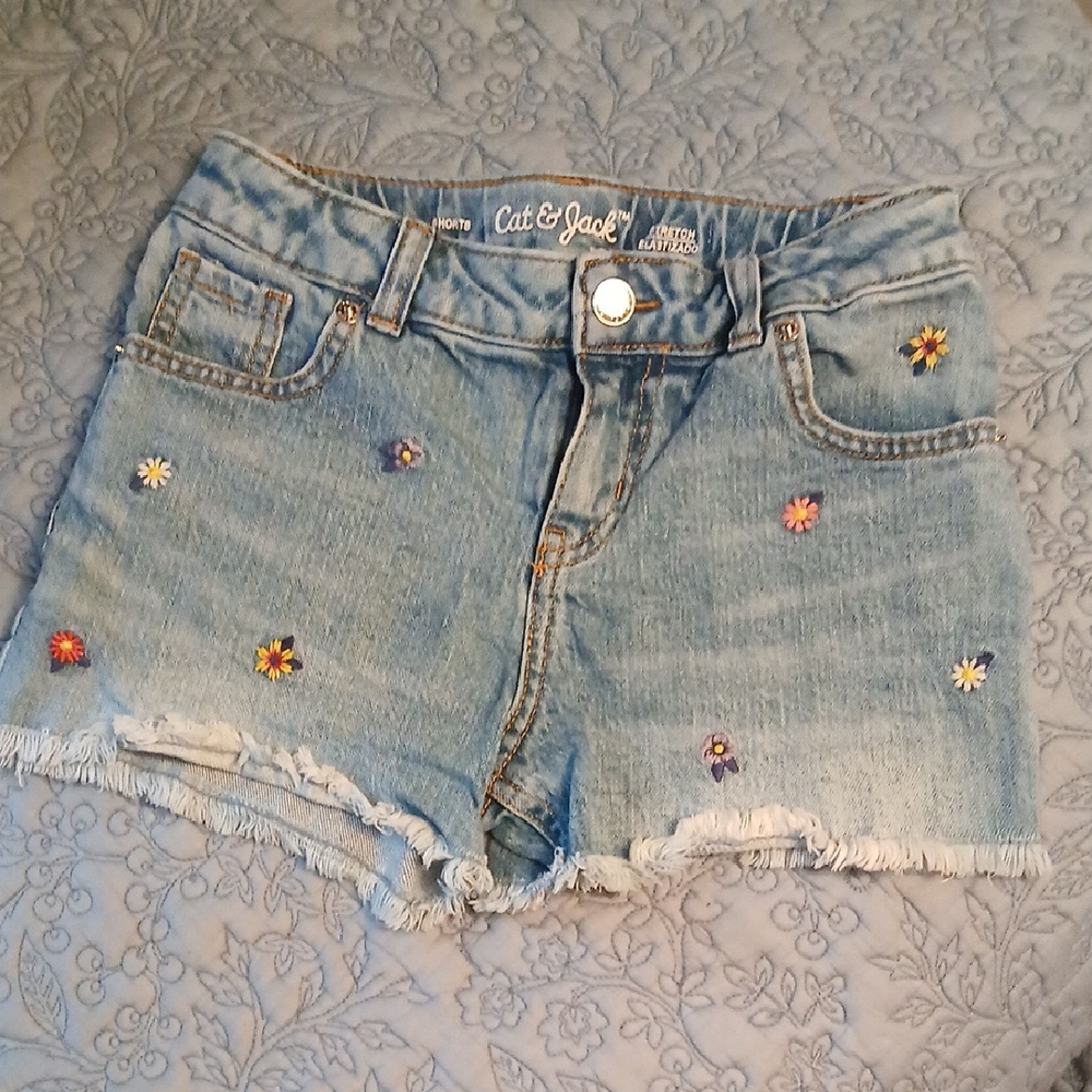 Cat & Jack Light Blue Denim Shorts with Floral Accents